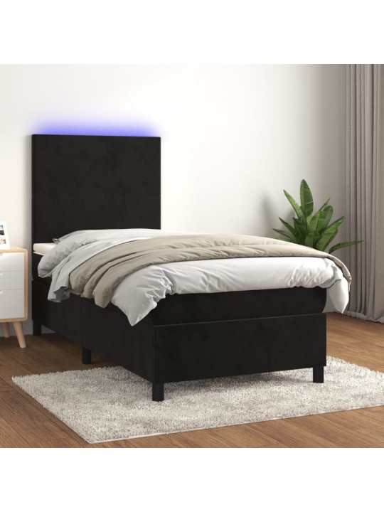 Atsperu gulta ar matraci, LED, melns samts, 100x200 cm