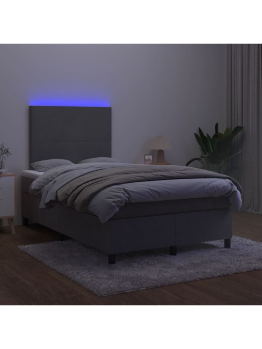 Atsperu gulta ar matraci, LED, tumši pelēks samts, 120x200 cm