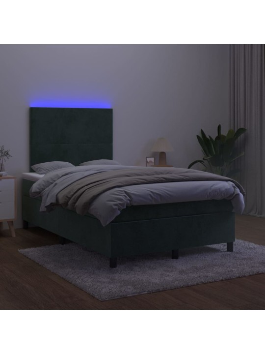 Atsperu gulta ar matraci, LED, tumši zaļš samts, 120x200 cm