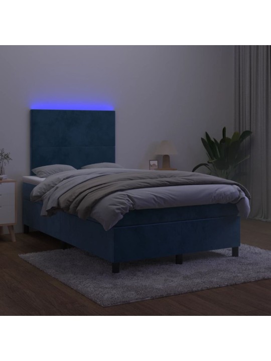 Atsperu gulta ar matraci, LED, tumši zils samts, 120x200 cm