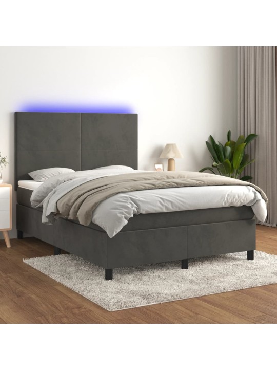 Atsperu gulta ar matraci, LED, tumši pelēks samts, 140x190 cm