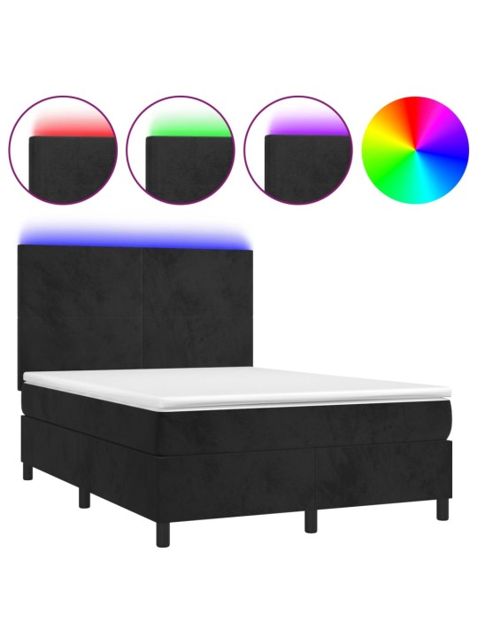 Atsperu gulta ar matraci, LED, melns samts, 140x190 cm