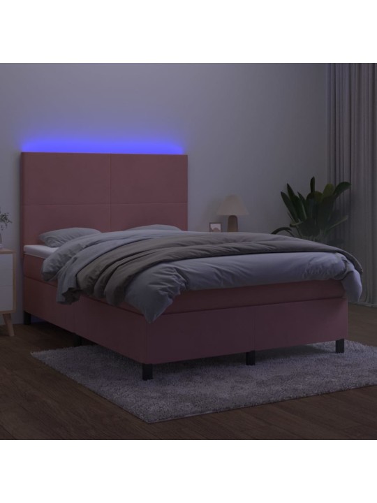 Atsperu gulta ar matraci, LED, rozā samts, 140x190 cm