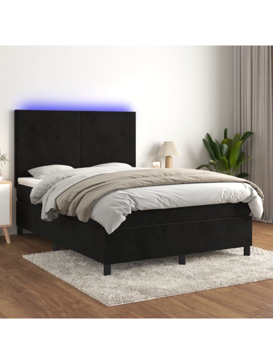 Atsperu gulta ar matraci, LED, melns samts, 140x200 cm