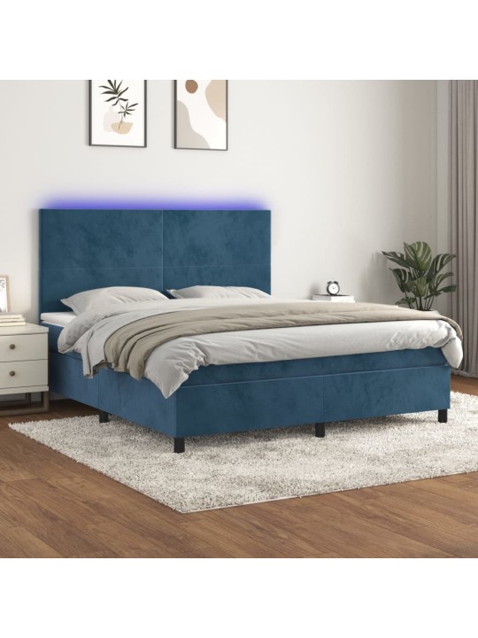 Kontinentālā gulta ar matraci, LED, tumši zils samts, 160x200 cm