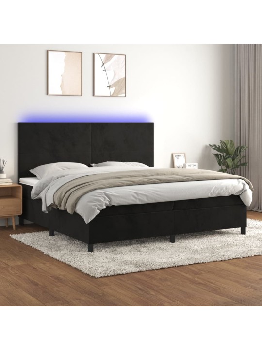 Atsperu gulta ar matraci, LED, melns samts, 200x200 cm