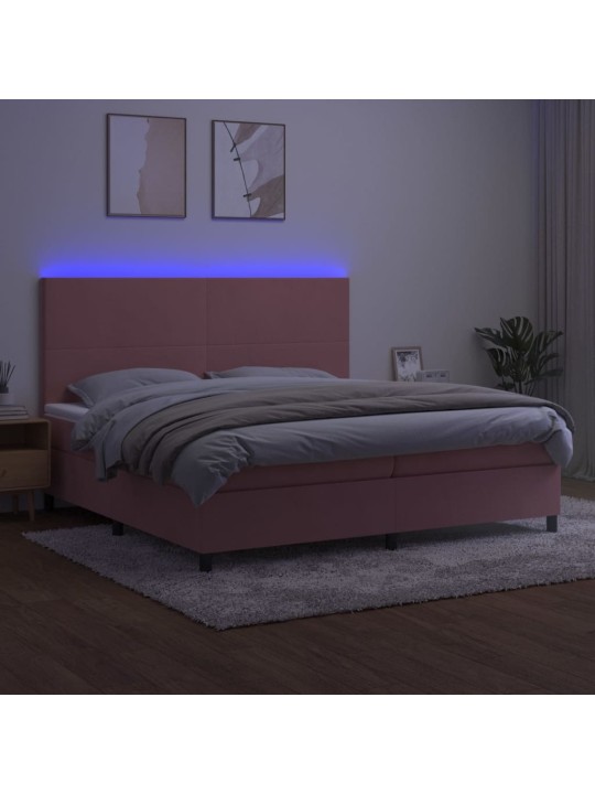 Atsperu gulta ar matraci, LED, rozā samts, 200x200 cm