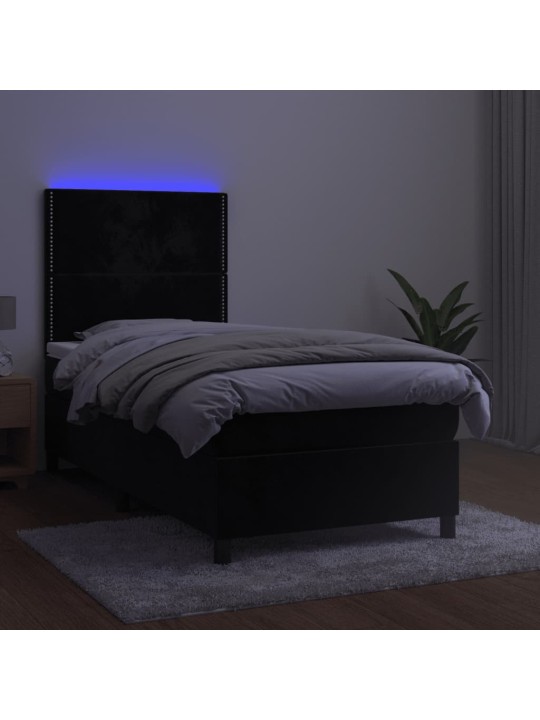 Atsperu gulta ar matraci, LED, melns samts, 100x200 cm