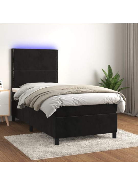 Atsperu gulta ar matraci, LED, melns samts, 100x200 cm