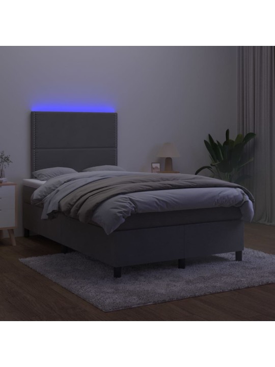 Atsperu gulta ar matraci, LED, tumši pelēks samts, 120x200 cm