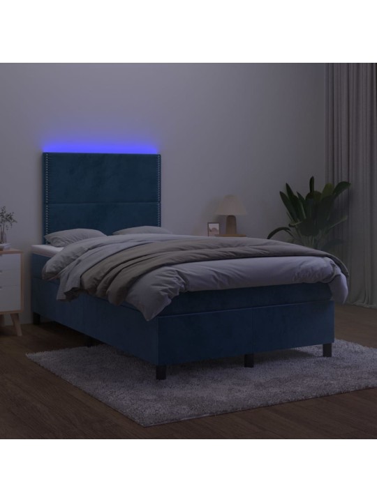 Atsperu gulta ar matraci, LED, tumši zils samts, 120x200 cm