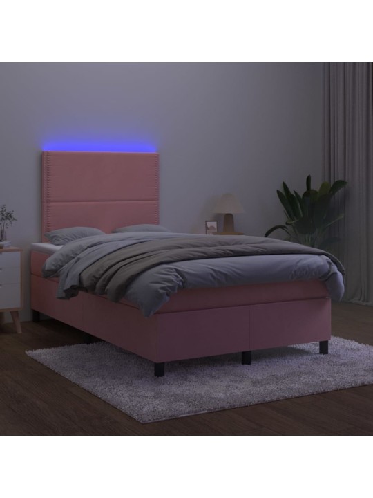 Atsperu gulta ar matraci, LED, rozā samts, 120x200 cm