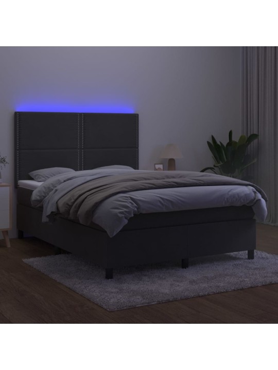 Atsperu gulta ar matraci, LED, tumši pelēks samts, 140x190 cm