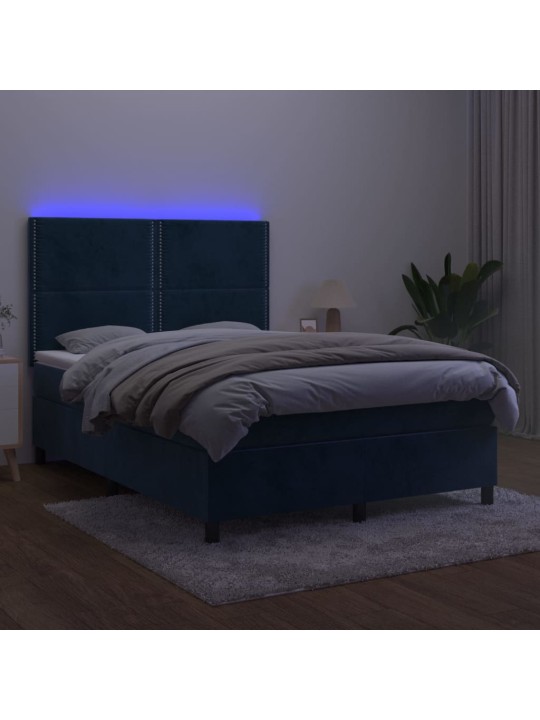 Atsperu gulta ar matraci, LED, tumši zils samts, 140x190 cm