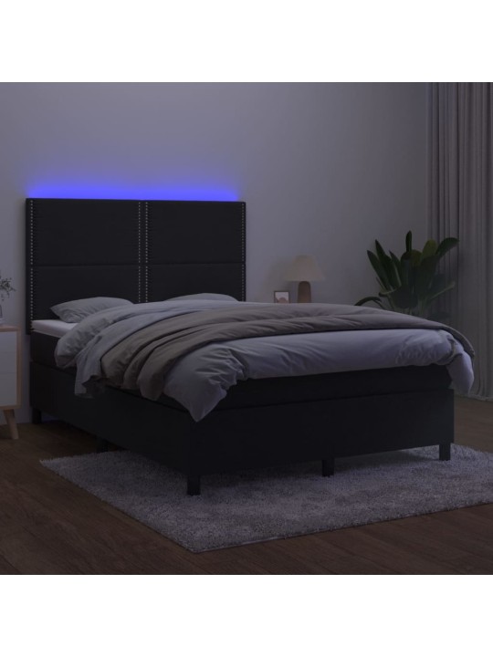 Atsperu gulta ar matraci, LED, melns samts, 140x200 cm