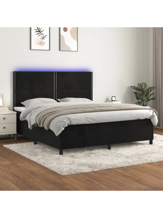 Atsperu gulta ar matraci, LED, melns samts, 160x200 cm