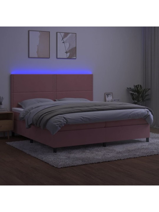 Atsperu gulta ar matraci, LED, rozā samts, 200x200 cm