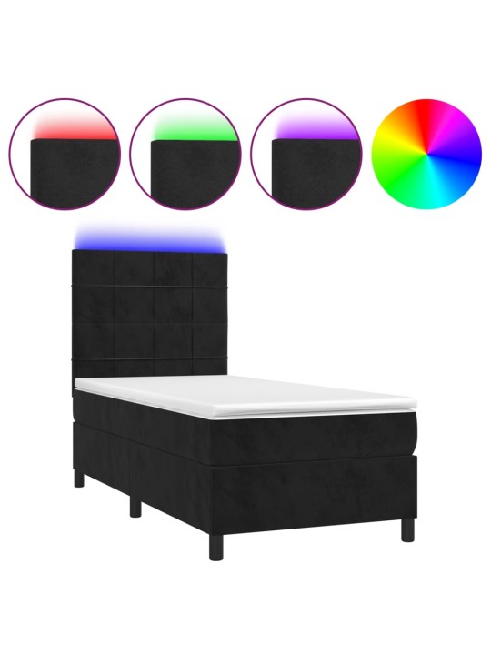 Atsperu gulta ar matraci, LED, melns samts, 100x200 cm