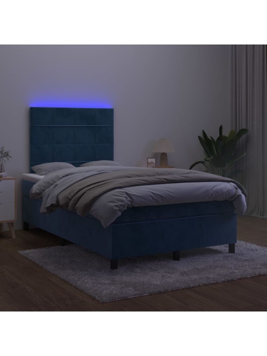 Atsperu gulta ar matraci, LED, tumši zils samts, 120x200 cm