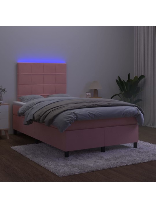 Atsperu gulta ar matraci, LED, rozā samts, 120x200 cm