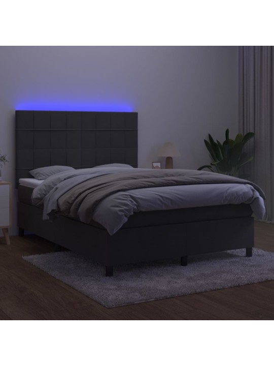 Atsperu gulta ar matraci, LED, tumši pelēks samts, 140x190 cm