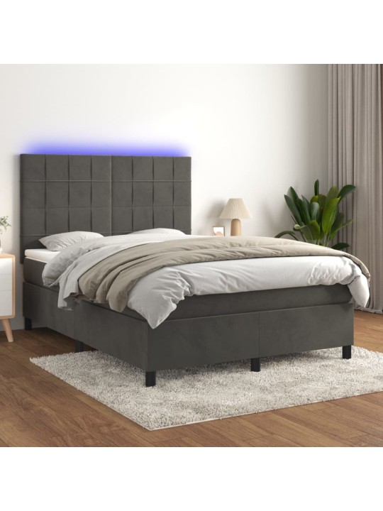 Atsperu gulta ar matraci, LED, tumši pelēks samts, 140x190 cm