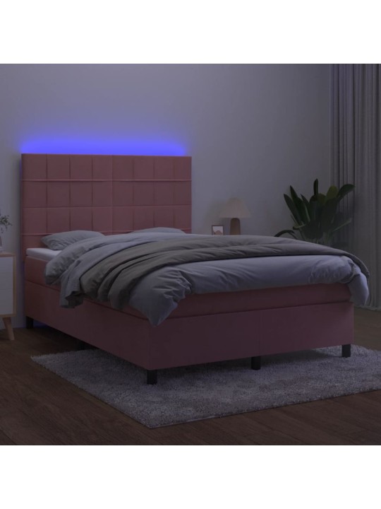 Atsperu gulta ar matraci, LED, rozā samts, 140x190 cm