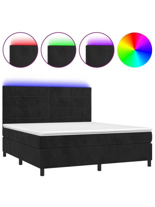 Atsperu gulta ar matraci, LED, melns samts, 180x200 cm