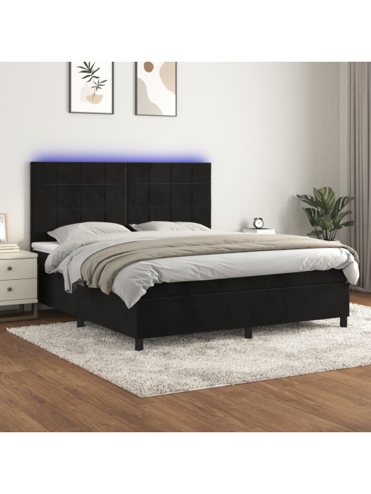 Atsperu gulta ar matraci, LED, melns samts, 180x200 cm