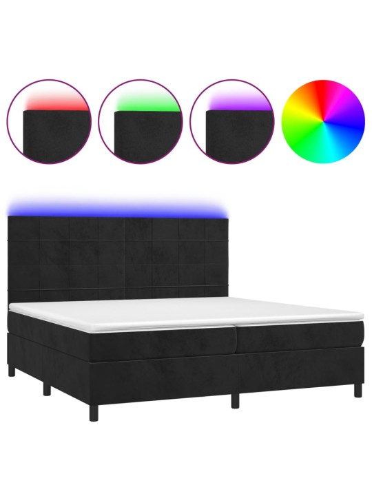 Atsperu gulta ar matraci, LED, melns samts, 200x200 cm
