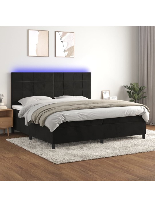 Atsperu gulta ar matraci, LED, melns samts, 200x200 cm