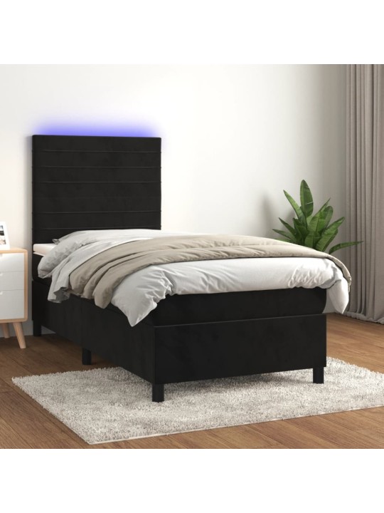 Atsperu gulta ar matraci, LED, melns samts, 80x200 cm