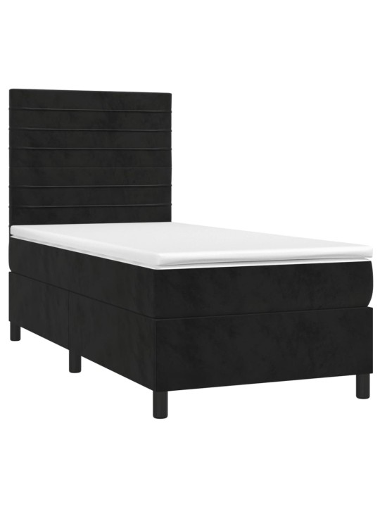 Atsperu gulta ar matraci, LED, melns samts, 90x190 cm