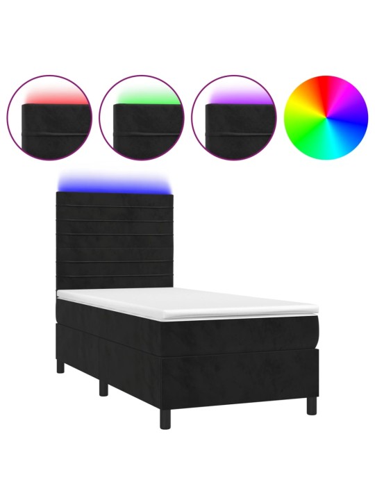 Atsperu gulta ar matraci, LED, melns samts, 100x200 cm