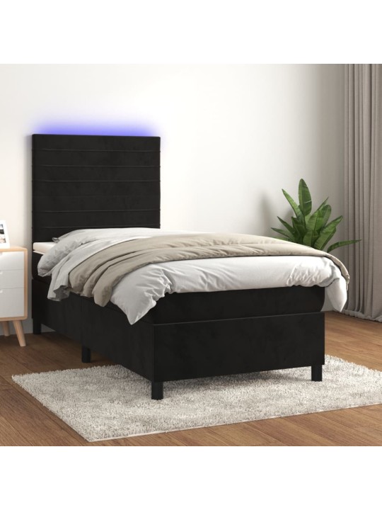 Atsperu gulta ar matraci, LED, melns samts, 100x200 cm