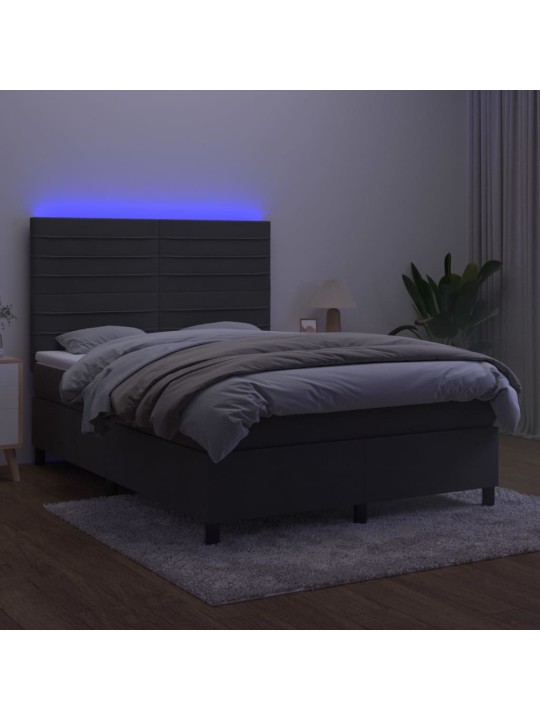 Atsperu gulta ar matraci, LED, tumši pelēks samts, 140x190 cm