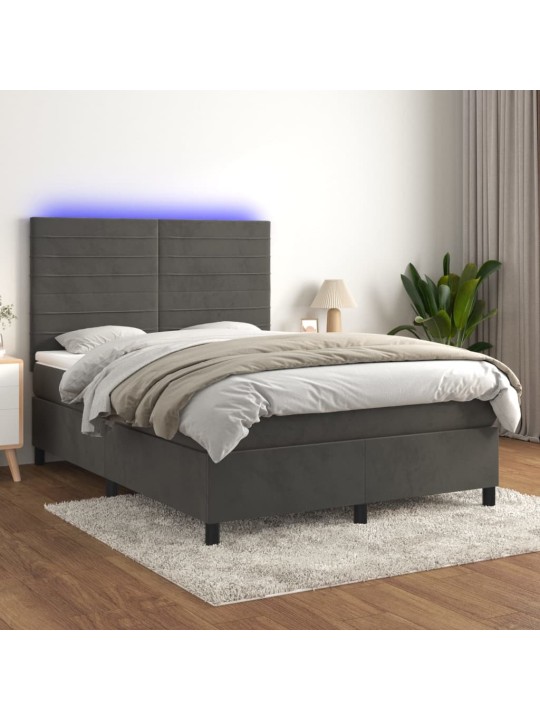 Atsperu gulta ar matraci, LED, tumši pelēks samts, 140x190 cm