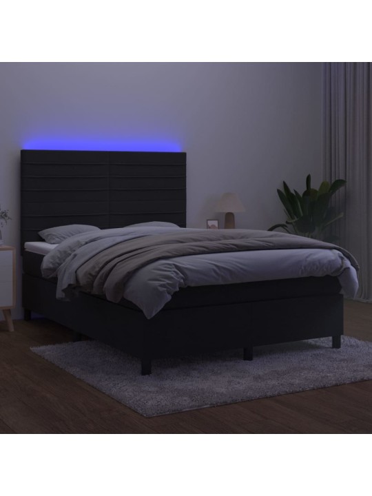 Atsperu gulta ar matraci, LED, melns samts, 140x190 cm