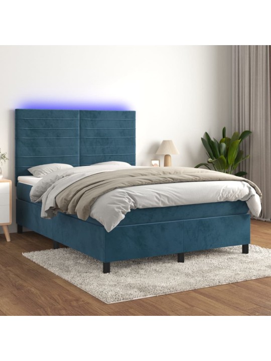 Atsperu gulta ar matraci, LED, tumši zils samts, 140x190 cm