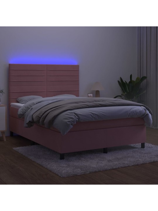 Atsperu gulta ar matraci, led, rozā samts, 140x190 cm