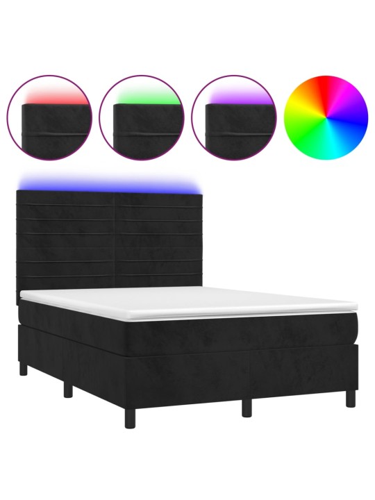 Atsperu gulta ar matraci, LED, melns samts, 140x200 cm