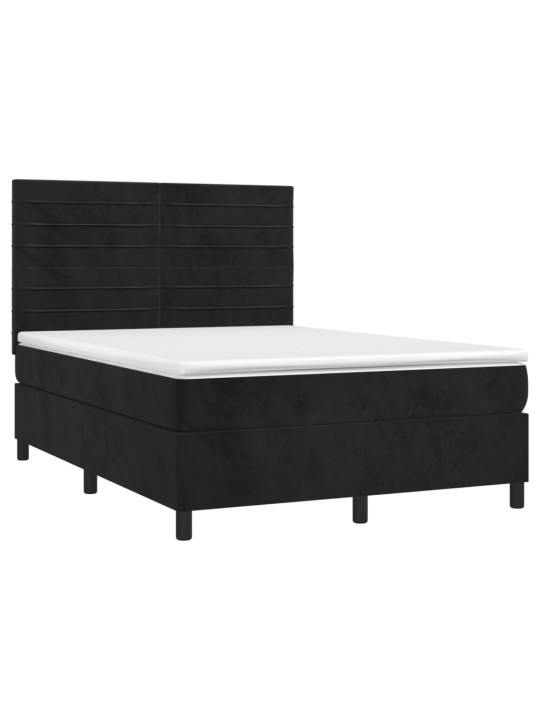 Atsperu gulta ar matraci, LED, melns samts, 140x200 cm