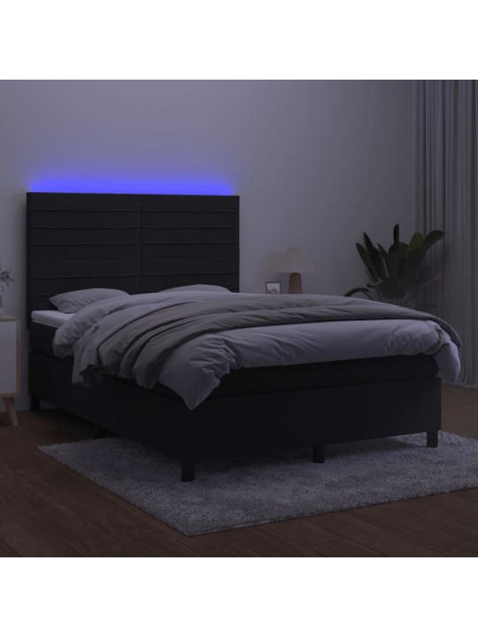 Atsperu gulta ar matraci, LED, melns samts, 140x200 cm