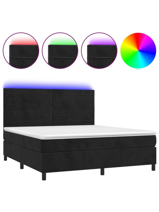 Atsperu gulta ar matraci, LED, melns samts, 160x200 cm