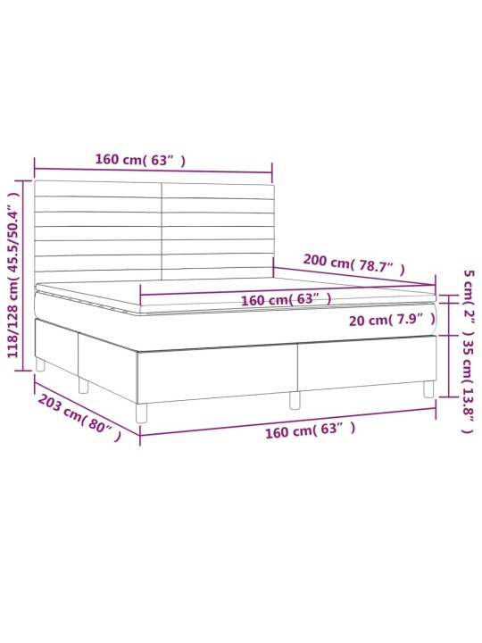 Atsperu gulta ar matraci, LED, melns samts, 160x200 cm