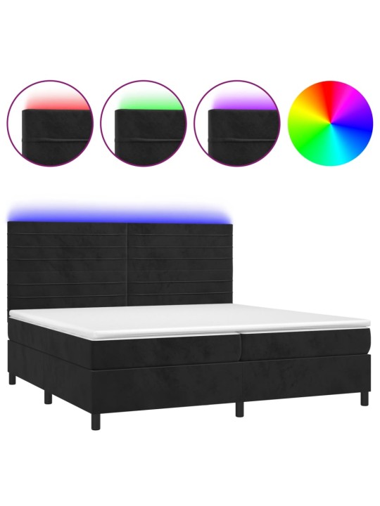 Atsperu gulta ar matraci, LED, melns samts, 200x200 cm