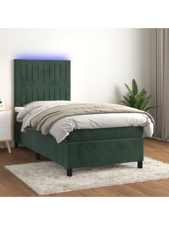 Kontinentālā gulta ar matraci, LED, tumši zaļš samts, 80x200 cm