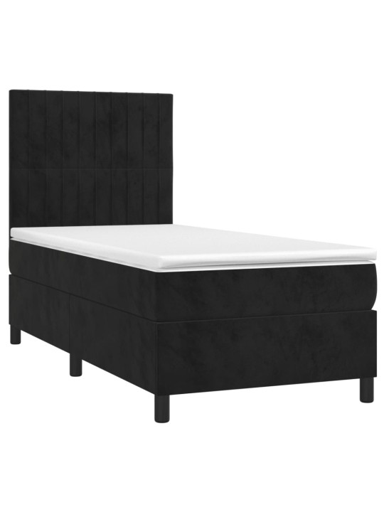 Atsperu gulta ar matraci, LED, melns samts, 90x190 cm