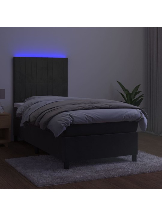 Atsperu gulta ar matraci, LED, tumši pelēks samts, 100x200 cm