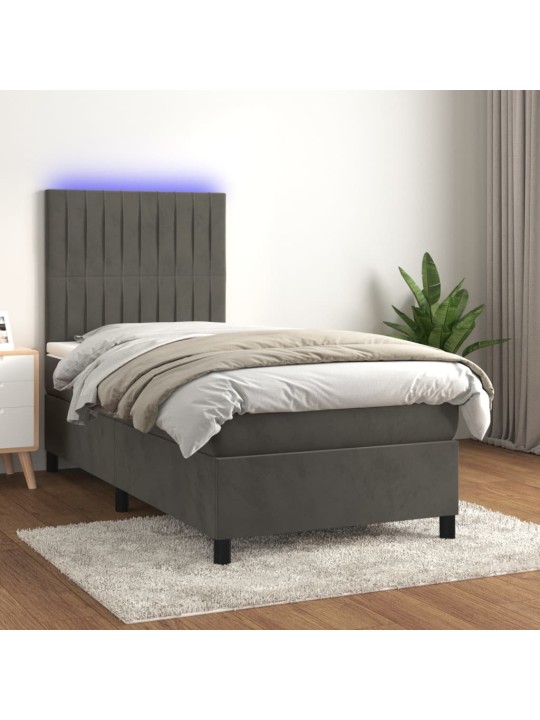 Atsperu gulta ar matraci, LED, tumši pelēks samts, 100x200 cm